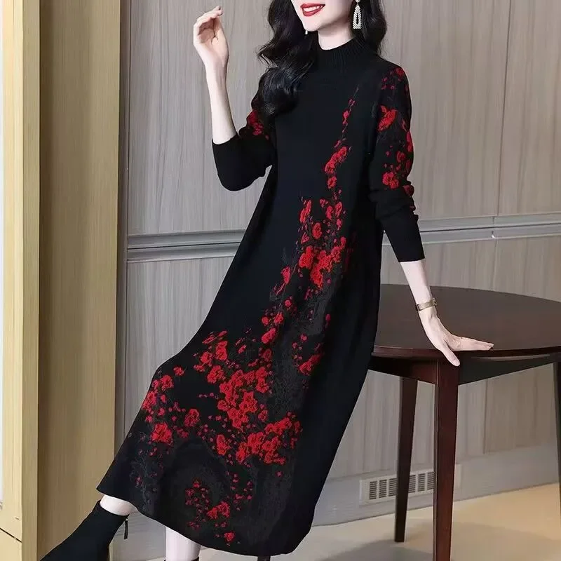 

Elegant Floral Knit Dress For Women Long Sleeve High Neck Loose Fit Ankle Length Autumn Winter Style