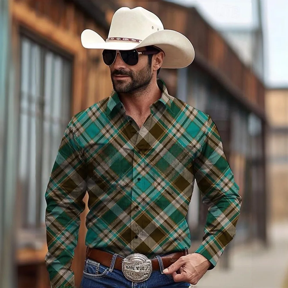 Camisa de vaquero occidental de piedra amarilla con patrón de dos colores patchwork para hombres con solapa botón top elegante camisa casual de