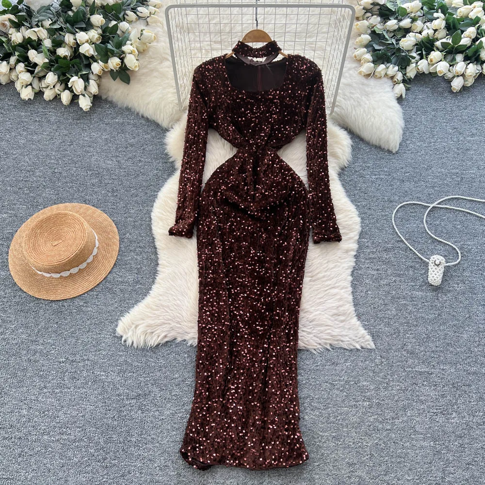 Chique vintage halter veludo manga longa elegante fada coreano moda vestido de verão roupas femininas vestido longo