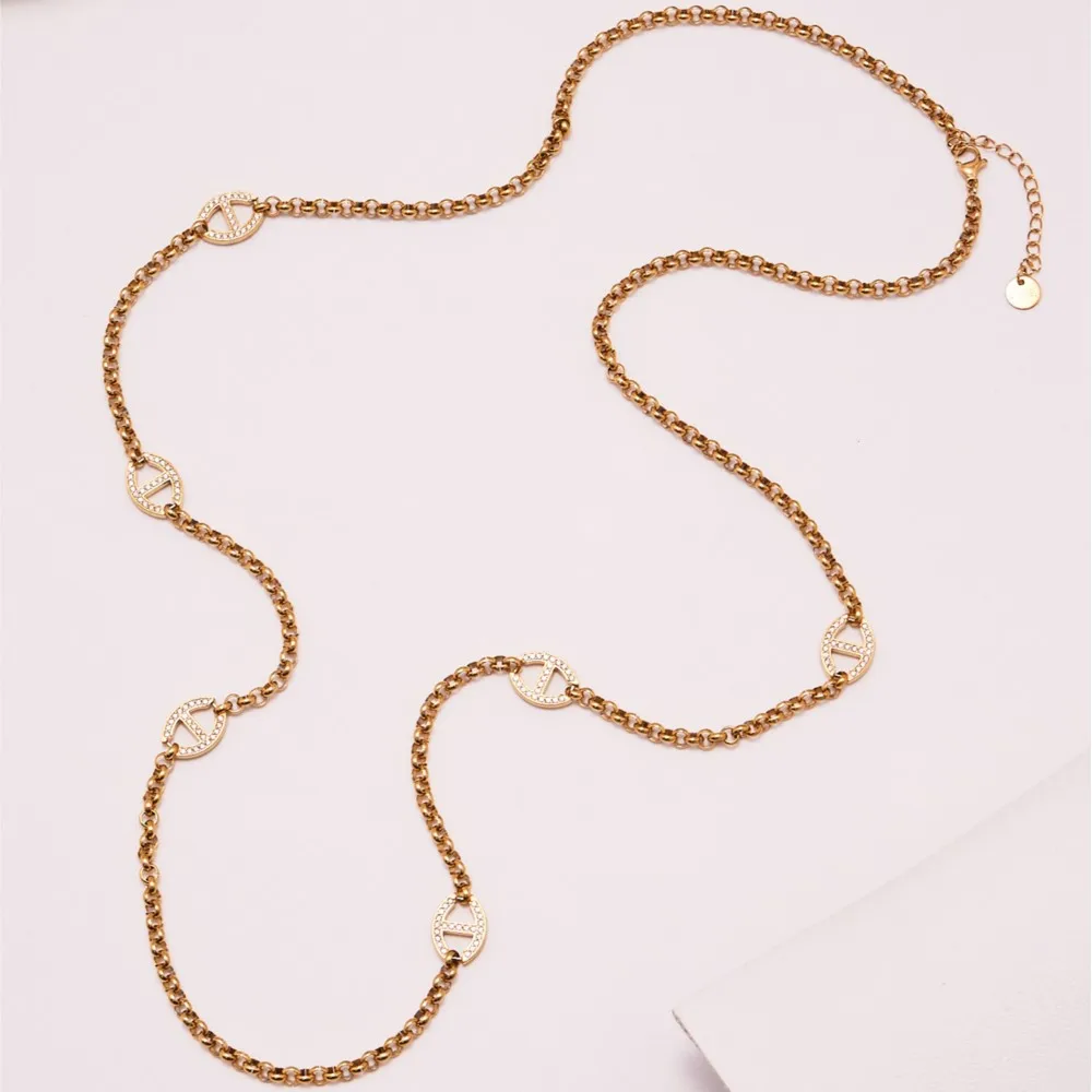 80cm Long Necklace for Women 18k Gold Plated Stainless Steel Chain Necklaces Inlaid Zircon Charm Sweater Chains Necklace