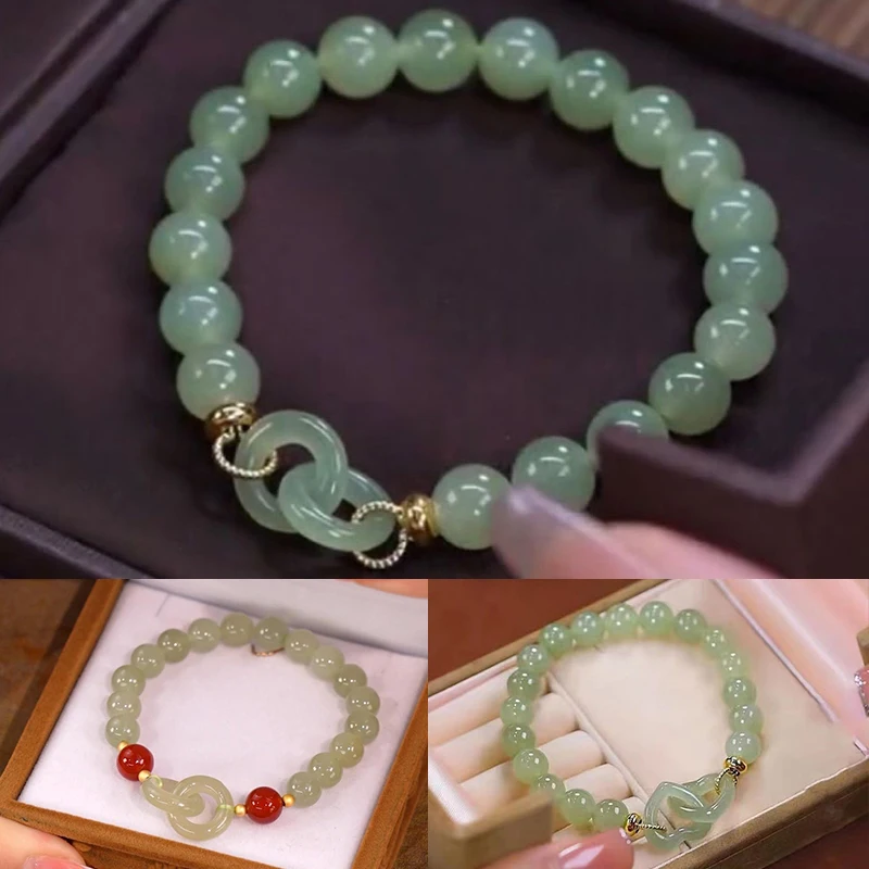 Fashion Double Ring Interlocking Hetian Jade Beaded Bracelet Female Ins Style Love Safety Buckle Bangle For Bestie Birthday Gift