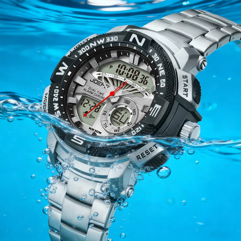 JOEFOX Men's Sport Watch Dual Display LED Digital Wristwatch 3ATM Waterproof Chronograph US Stock Field Style Large Face