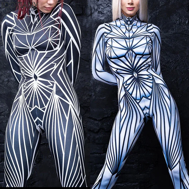 IOOTIANY Black Mirror Jumpsuits Woman Art Print Zentai Bodysuit Woman Crystal Damage Costume Girl Holiday Party Cosplay Outfit