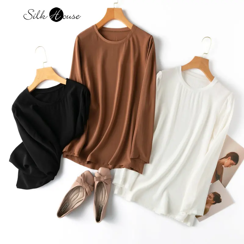 

Versatile Piece 04 Silk Crepe De Chine Simple Round Neck Long Sleeve Loose Black White Women's Fashion Basic T-shirt