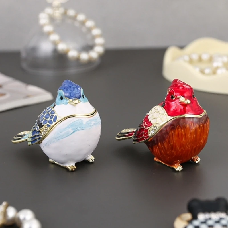 Metal Bird-Form Jewelry Storage Box with Warm Metallic Trim and Clear Embellishments for Tabletop Display and Storage Y5GB