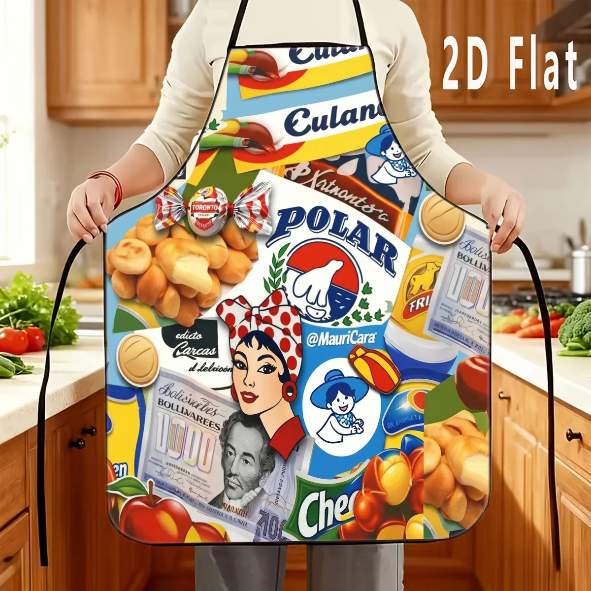 1PC 2D Flat Multicolor Product Collage Print Apron, Durable And Easy To Clean, Adjustable Waist Belt, Unisex Apron For Home Baki