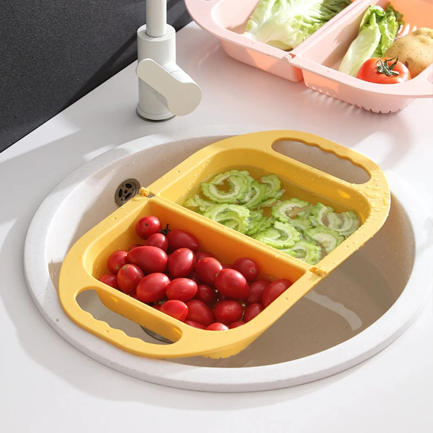 

Hot Adjustable Dish Drainer Sink Drain Basket for Washing Vegetables and Fruits, Plastic Drying Rack Kitchen Accessories and Sto