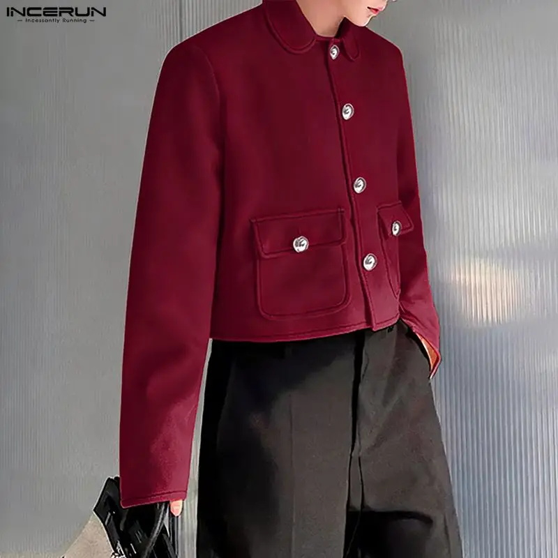 

INCERUN Men Blazer Solid Color Lapel Long Sleeve Button Casual Male Suit Streetwear Korean Style 2026 Fashion Crop Blazer S-5XL