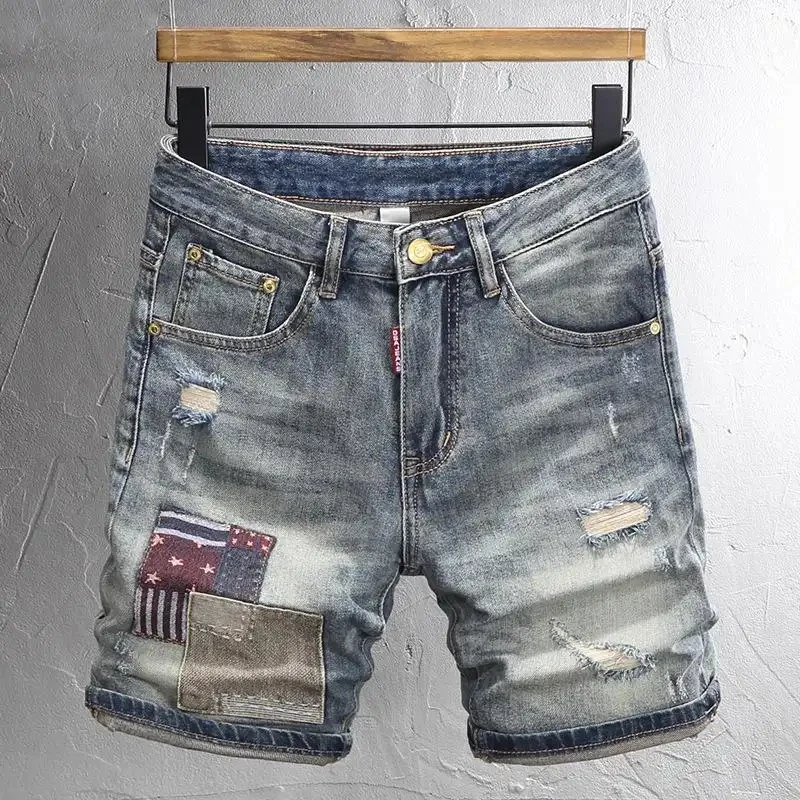 2026 Summer New Vintage Embroidered Ripped Denim Pants for Men, Slim Fit Five-Point Pants with a Luxurious Nostalgic Style