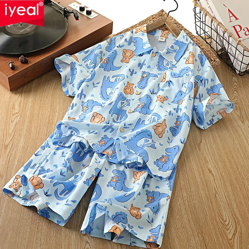 IYEAL Kids Boys' Artificial Cotton Short Sleeved Set 2026 Summer Thin Children's Cotton Silk Shirt+Shorts Two-Piece Set