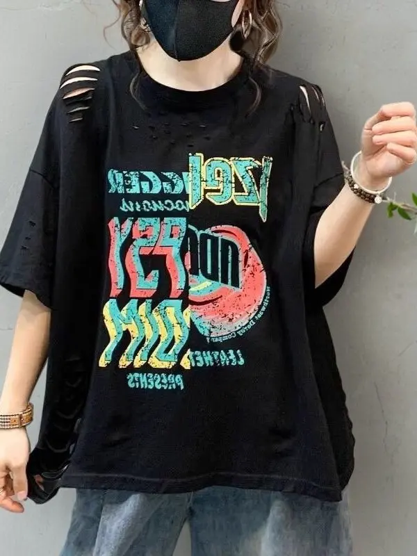 Extra Large 300 Pounds Loose Short Sleeve T-Shirt Women Summer Print Hole Casual Lazy Style Overhead Base Shirt Polyester Fiber
