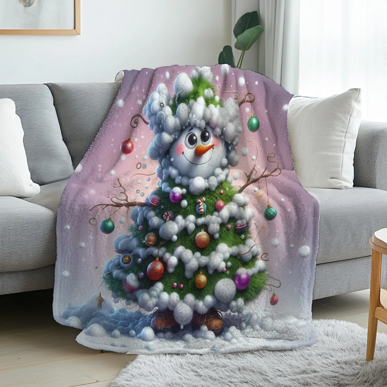 1pc Cozy Snowman & Christmas Tree Flannel Blanket - Plush Soft Warm 280gsm All-Season Bedspread/Throw with Olaf-Like Snowman & T