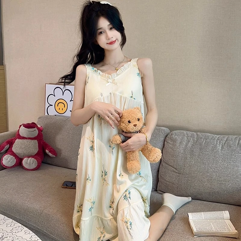 Sleeveless Nightgown Women with Padded Summer Sweet Bow Ruffles Leisure Korean Fashion Girlish Lovely Princess Sleepwear 4XL