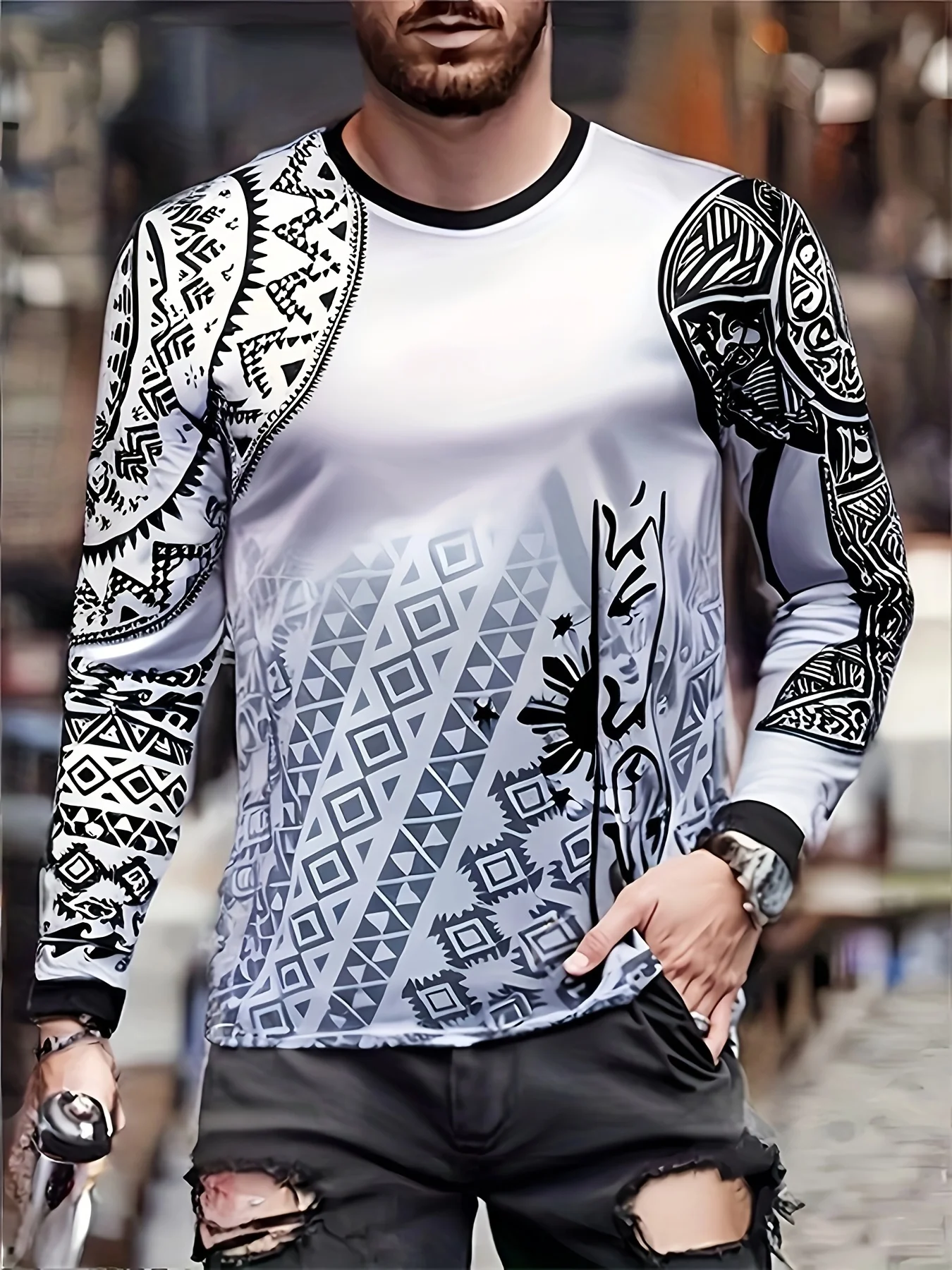 

Men's 3D Halloween Horror Cat Print Long Sleeve T-Shirt, Boho Style Crew Neck Polyester Top。