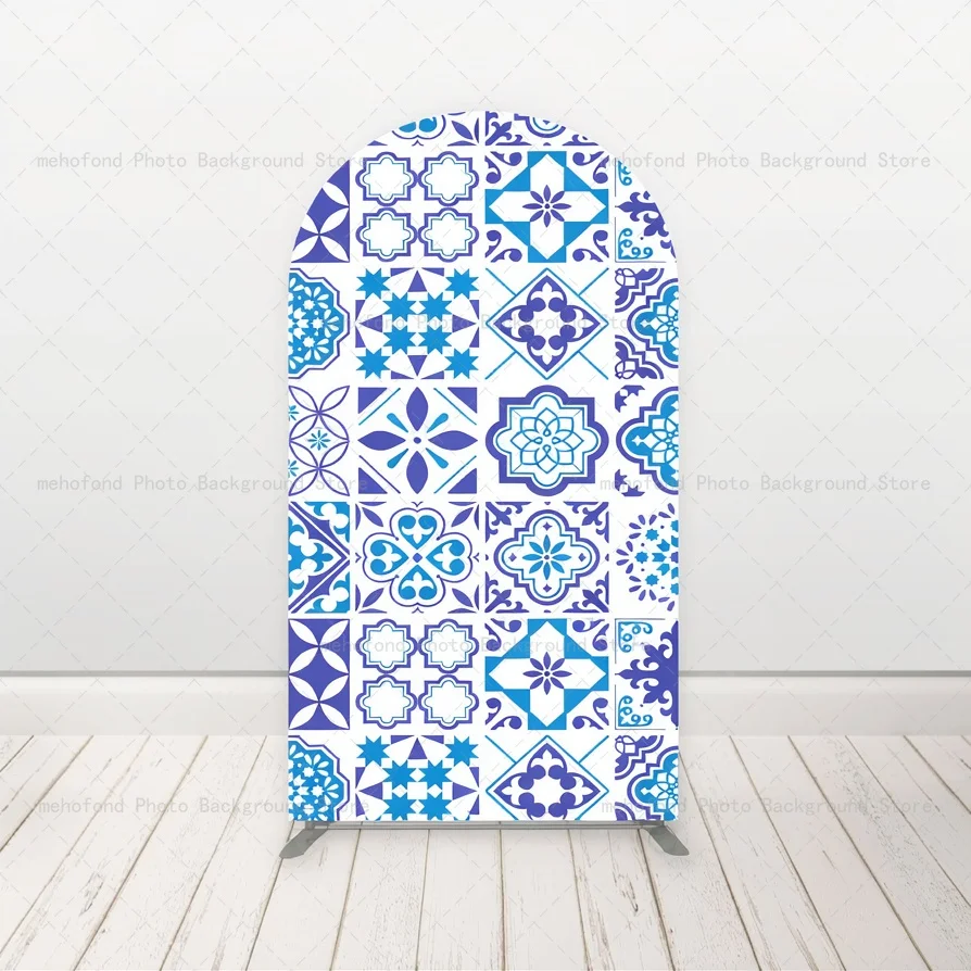 Mehofond Arch Backdrop Customized Text Flowers Embellished In Blue-White Geometric Tile Patterns Bridal Shower Studio Background