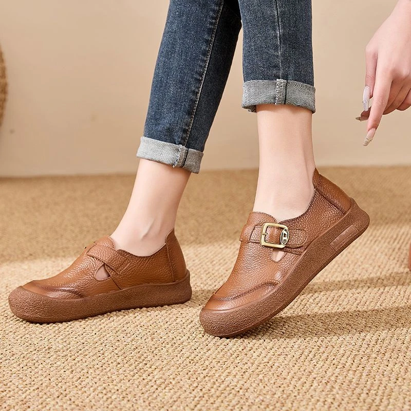Original Natürliche Leder Schuhe für Frauen Vintage Komfort Runde Kappe Schnalle Wohnungen Frau Slip Auf Orthopädische Loafers Damen Mokassins – Detail 21