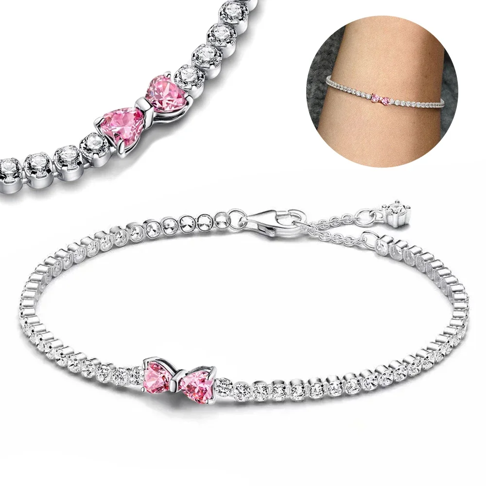 2025 Valentine  New 925 Silver Pink Bow Full Diamond Bracelet Original 17-20CM Fit DIY Charm Women Birthday Jewelry Gifts