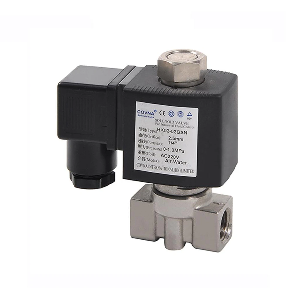 COVNA DN8 1/4 pulgadas 2 vías 12V DC válvula solenoide de aire micro de acero inoxidable normalmente cerrada