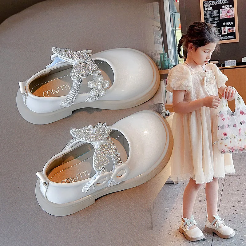 Children's Rhinestone Princess Shoes 2024 Spring&Autumn New Girl‘s Butterfly Soft Sole Leather Shoes Non Slip Temperament Flats