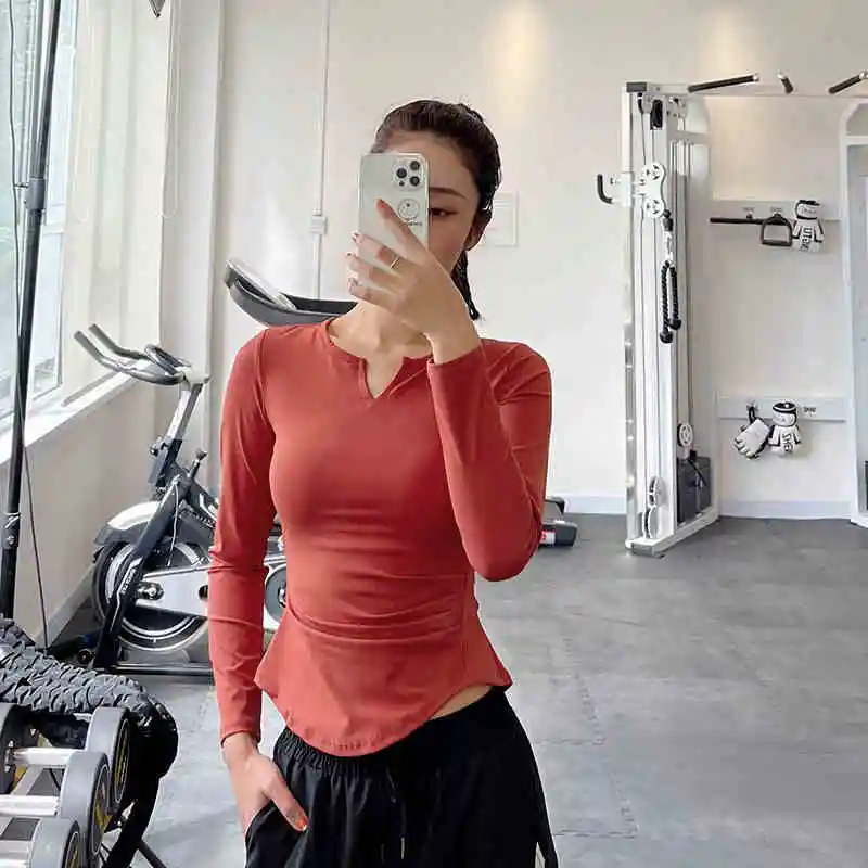 

Women Sexy Long Sleeve Yoga Top Waist Retraction Sports Wear Breathable V-neck Fold Yoga Tops
