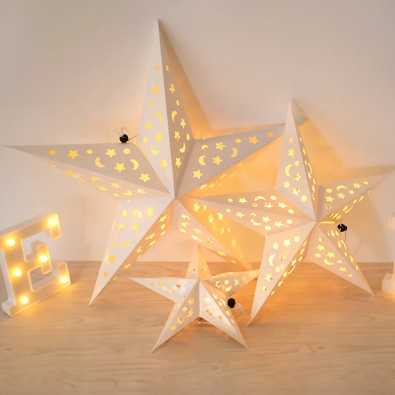 30/45/60cm Hollow Out Star Hanging Pendants Window Grille Paper Lantern Christmas LED Light Wedding Party Stars Lampshade Decor