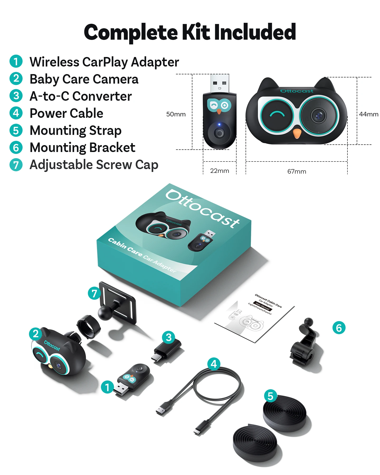 OTTOCAST Cabin Care draadloze CarPlay-adapter Babycamera 1080P HD 150 °   Groothoeknachtzicht Real-time monitor voor de achterbank