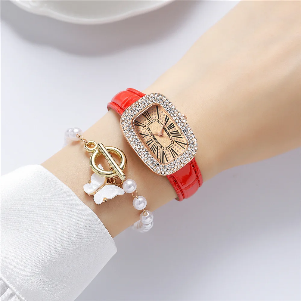 Fashion Rectangular Belt Watch Women Simple Rhinestone Roman Scale Face Quartz Ladies Temperament Watch