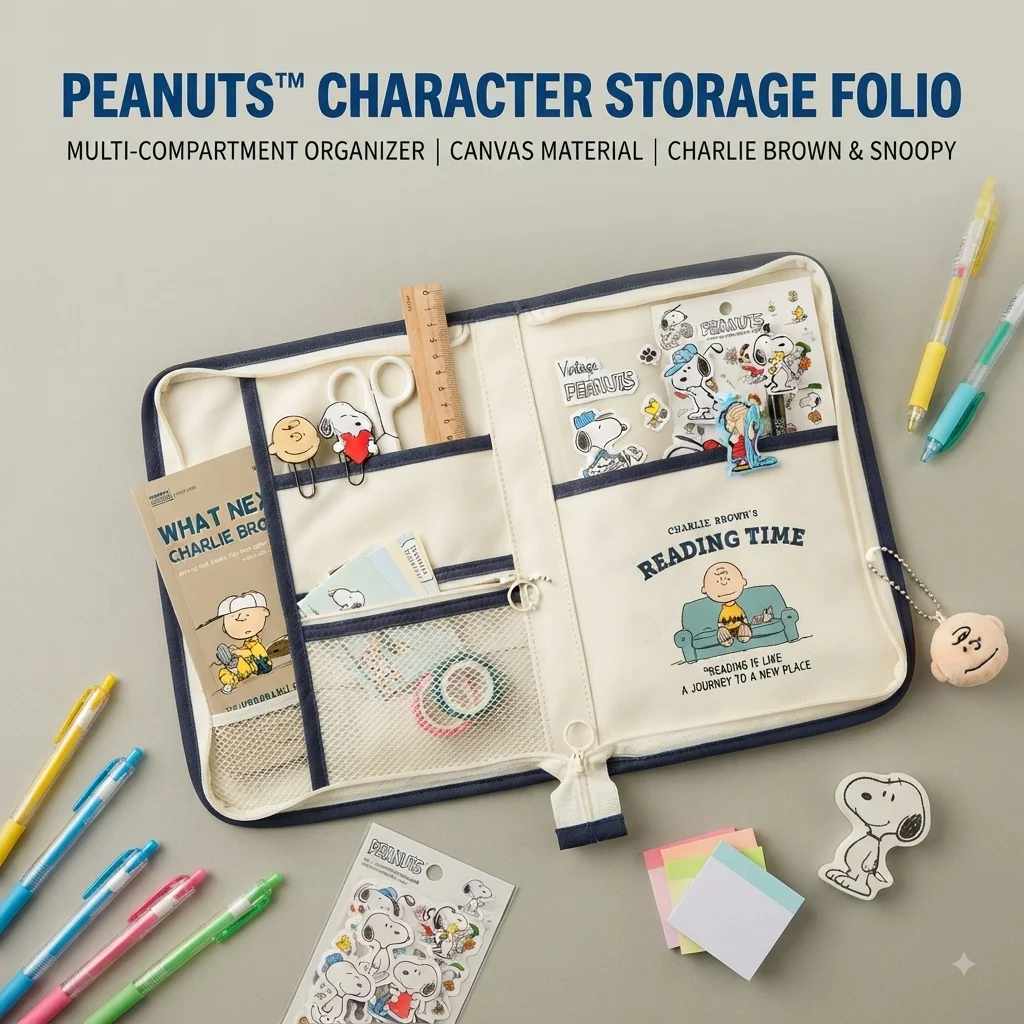 Sac de rangement en toile en forme de livre Snoopy, organisateur de papeterie multi-poches, pochette portable pour tablette, dossier de documents imprimé de dessins animés