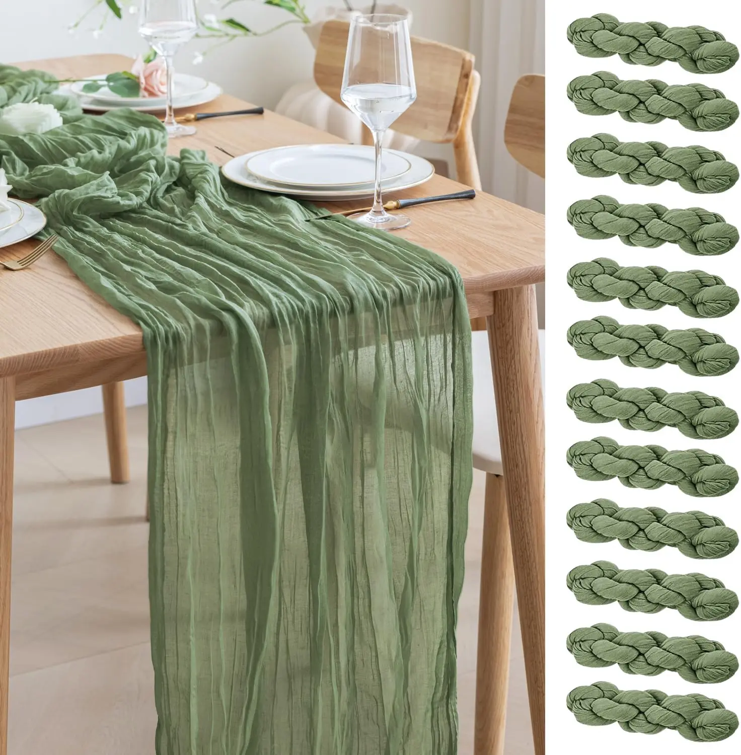 

12PCS Cheesecloth Table Runner 120 Inches Long Sage Green Boho Gauze Cheese Cloth Runner 10FT Rustic Sheer Table Runners