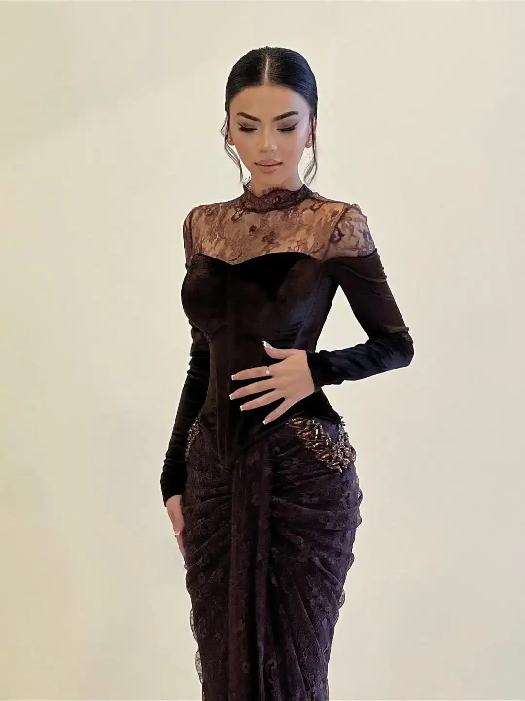 Aenyrst Customized Mermaid Long Sleeves Prom Dresses High Neck Pleated Lace Evening Dresses Back Zipper Floor Length Party Dress image 2