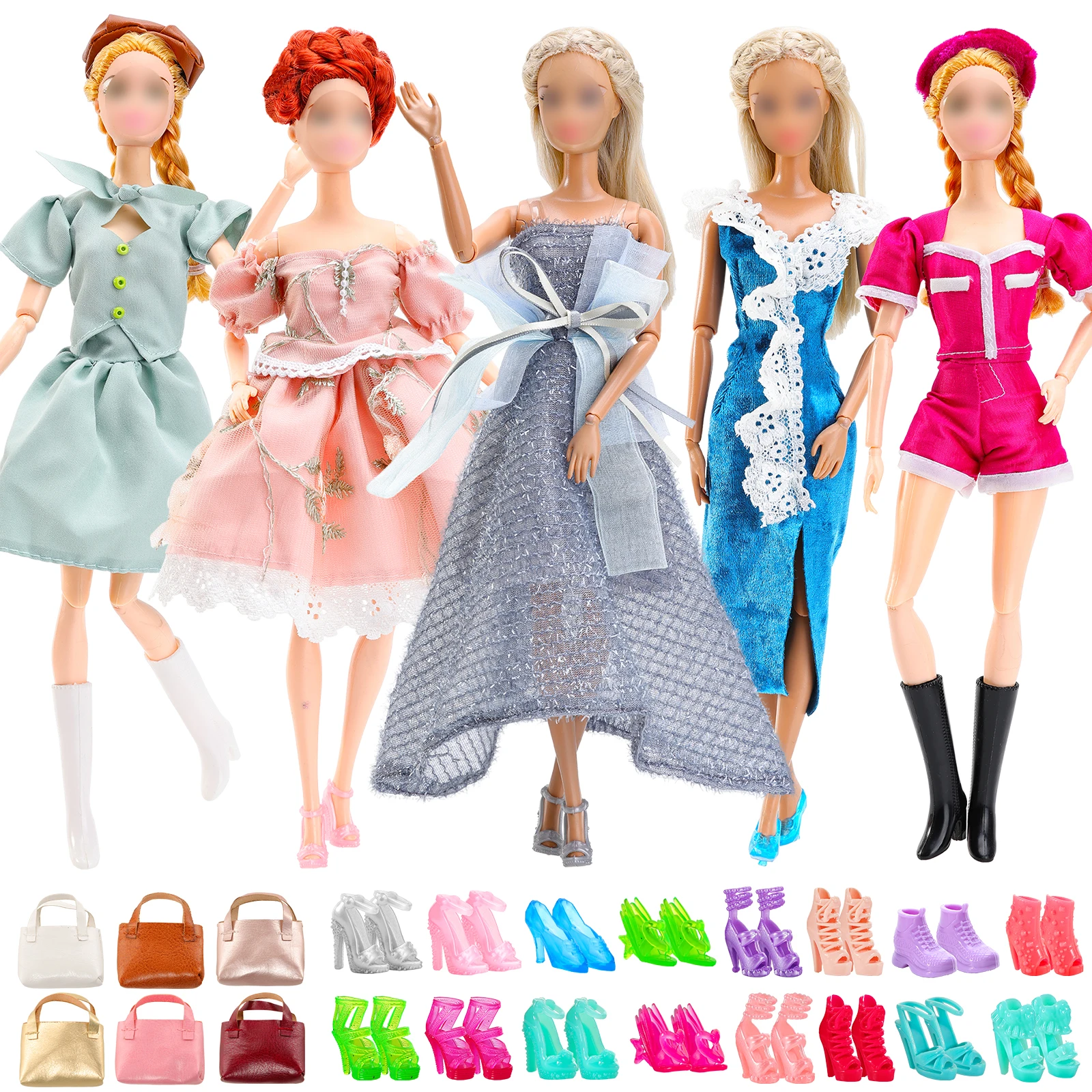 Barwa 18 Doll Clothes, 5 Clothes, 10 Shoes, 3 Accessories, Handbag, Retro Vintage Dresses for 30 cm Girls Dolls