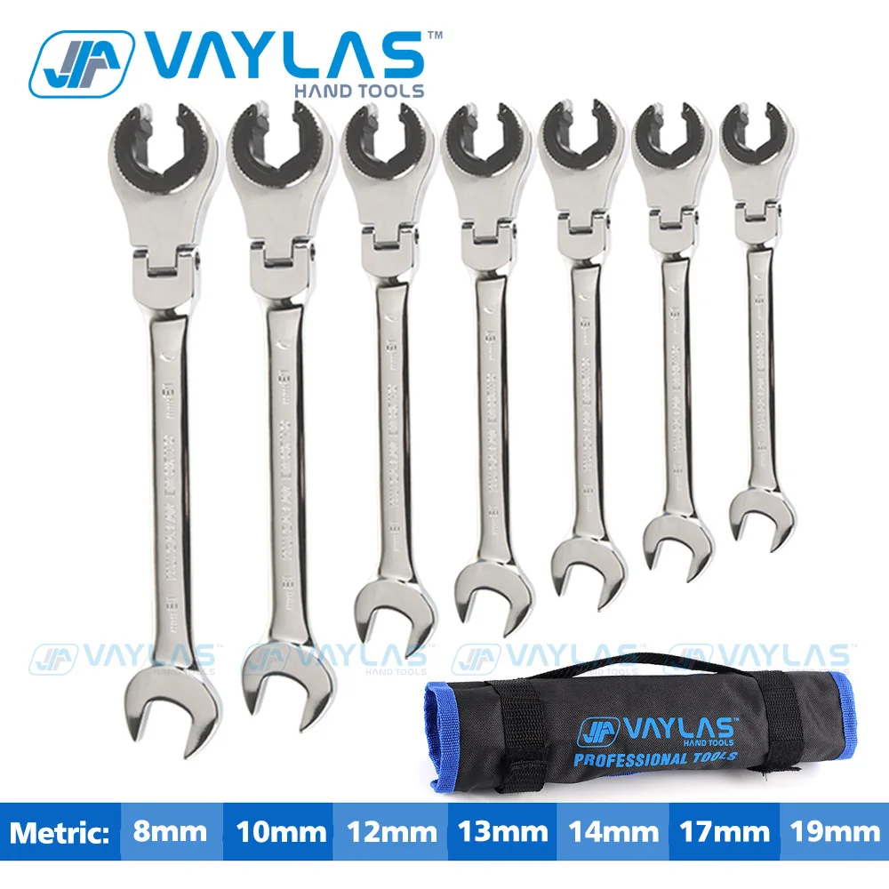 7-Piece Open Flex-head Flare Nut Ratcheting Wrench Set Metric Oil Pipe Ratchet Fix Tubing Combination Spanner Set Auto Repair