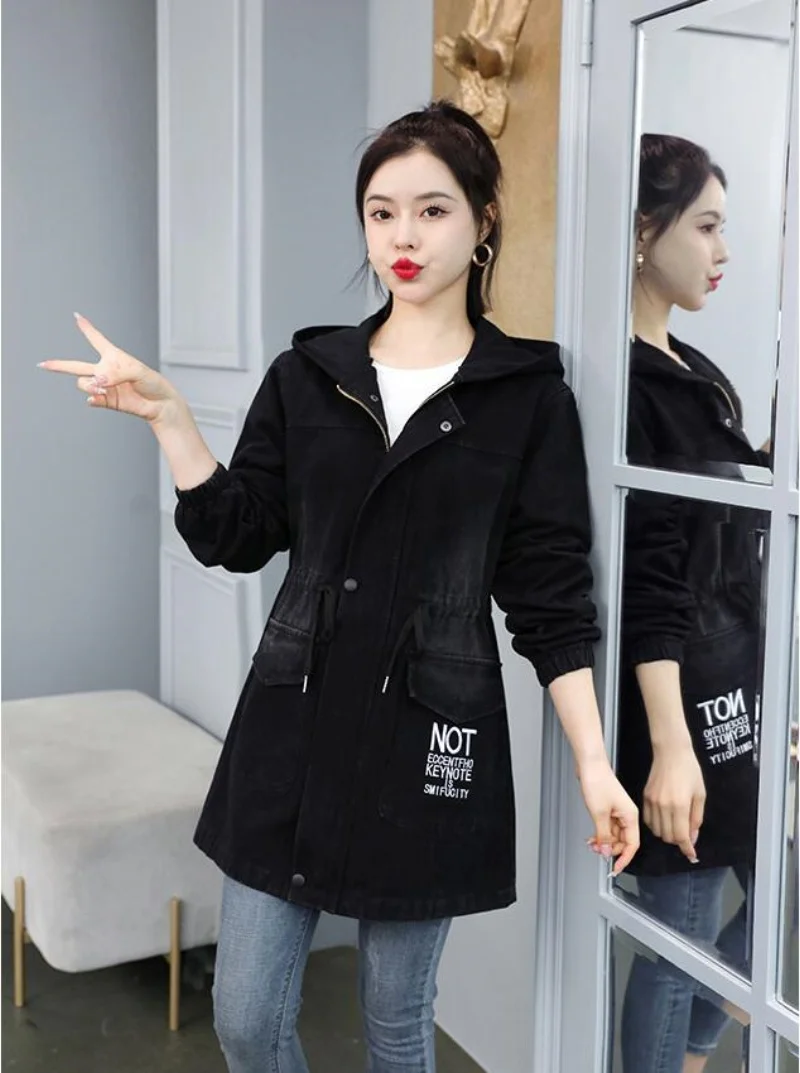 Veste en jean à capuche brodée pour femme, manteau en jean Long décontracté coréen, polyvalent, ample, Cowboy, printemps-automne, 2025