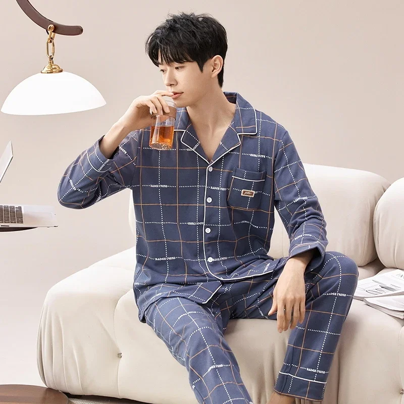 

Осень 2024, повседневные пижамные комплекты из 100% хлопка с длинными рукавами для мужчин, корейская свободная одежда для сна, мужская домашняя одежда, домашняя одежда