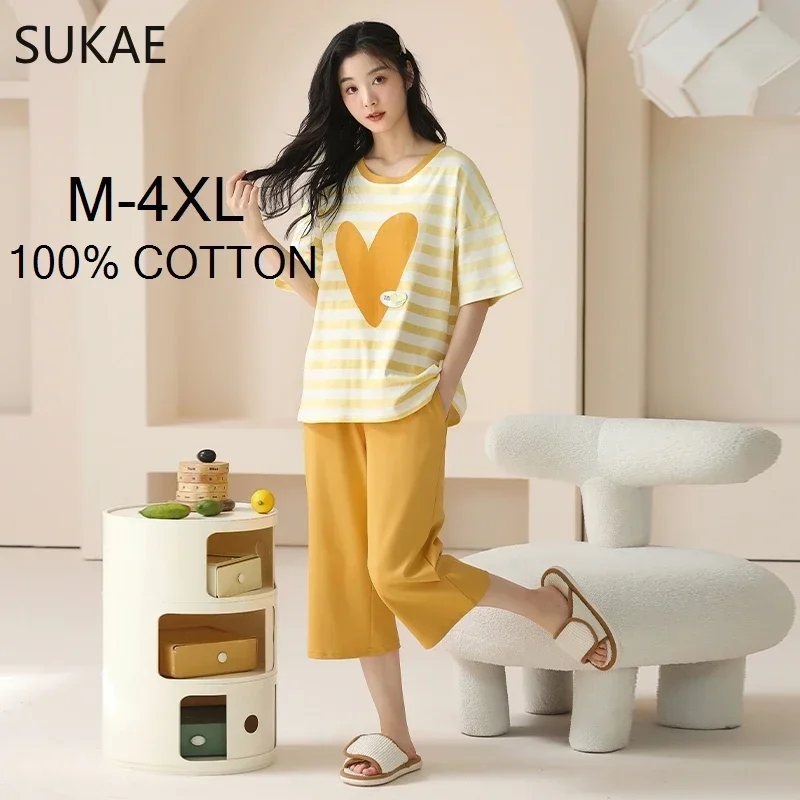 SUKAE 100% Cotton M-4XL Women Pajamas Set Summer Sleepwear Short Knee-length Pants Nightwear Capris Loungewear Cartoon Pijama