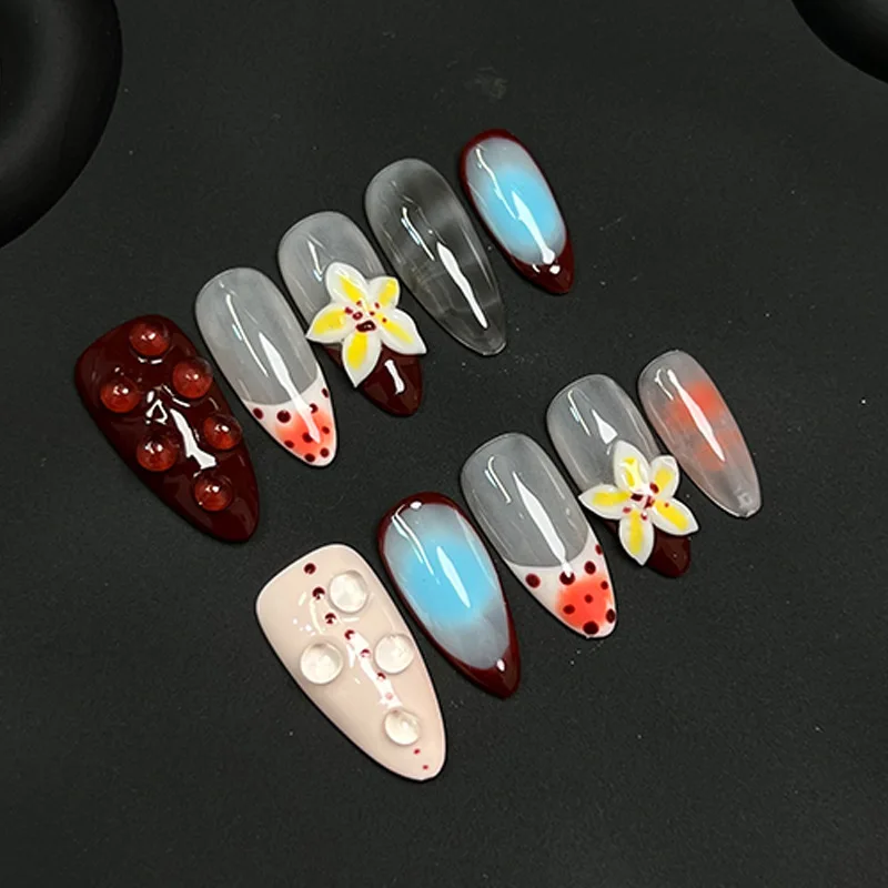 

10 шт., миндалевидный пресс ручной работы на ногтях, 3D цветок дьявола, накладные ногти, носимые многоразовые европейские накладные ногти Spice Girl, французские накладные ногти