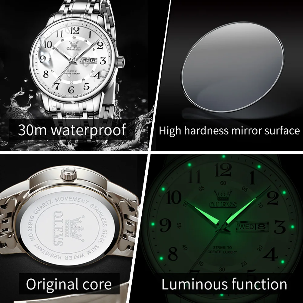 OLEVS Fashion Quartz Watch for Men Stainless Steel Waterproof Luminous Week Date Mens Watches Top Brand Luxury Relogio Masculino