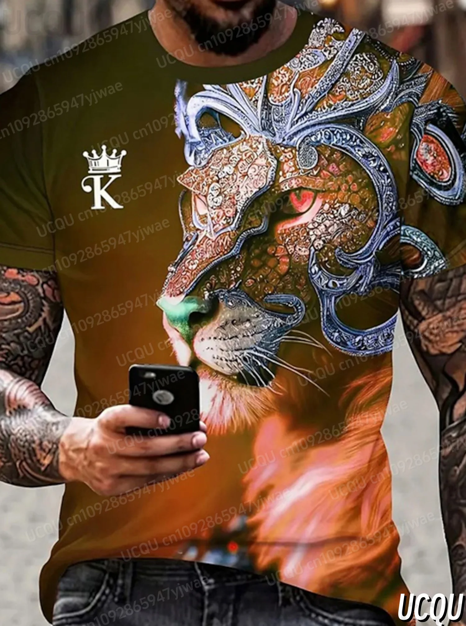 2025年夏 メンズ グラフィック 3D ライオン プリント ファッション 半袖 Oネック Tシャツ メンズ服 カジュアル Tシャツ ストリートウェア