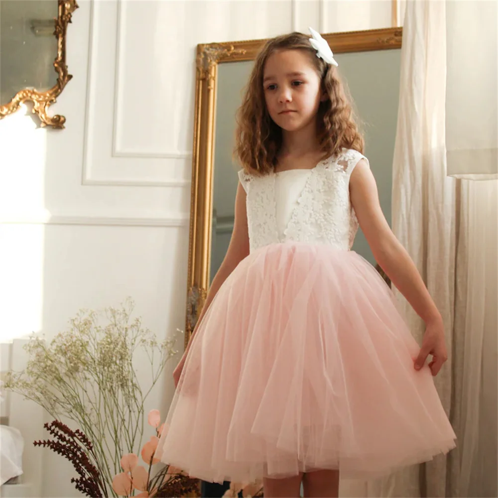 

Hot Selling Boat Neckline Sleeveless Tulle A-Line Flower Girl Dress Elegant Deep V Back Zipper Ankle Length Gown For Children