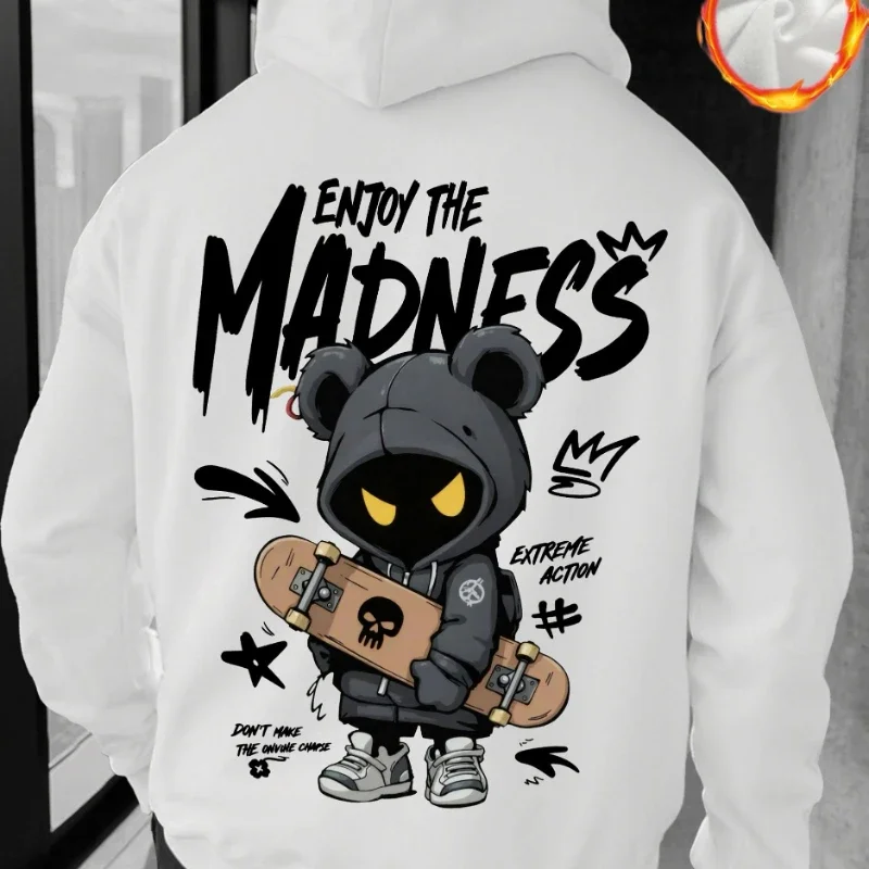 Men's Casual Street Hooded Sweatshirt with Hand-drawn Cartoon Portrait and Letter Pattern Print. Fall/Winter Hooded Shirt.
