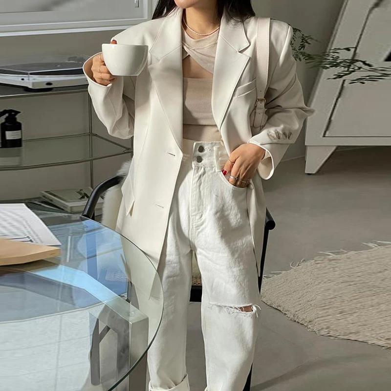 High Waist Wide Leg White Jeans Women's Chic Autumn Faion Slimming Two Button Hole Ripped Frayed Denim Pants for Young Women