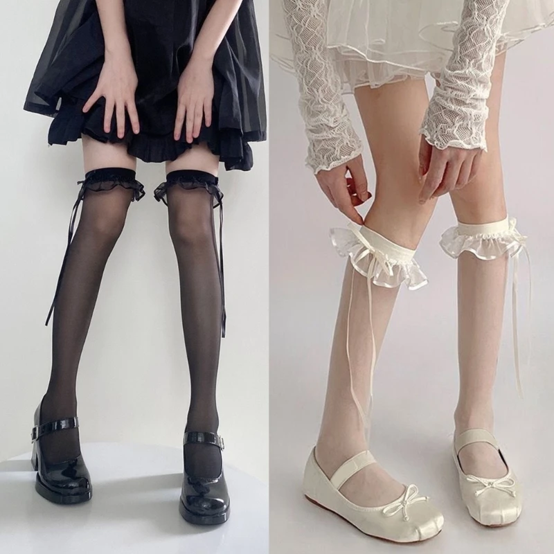 

Women Sweet Bow Over Knee Stockings JK Girl Lace Ruffle Trim Silk Long Socks