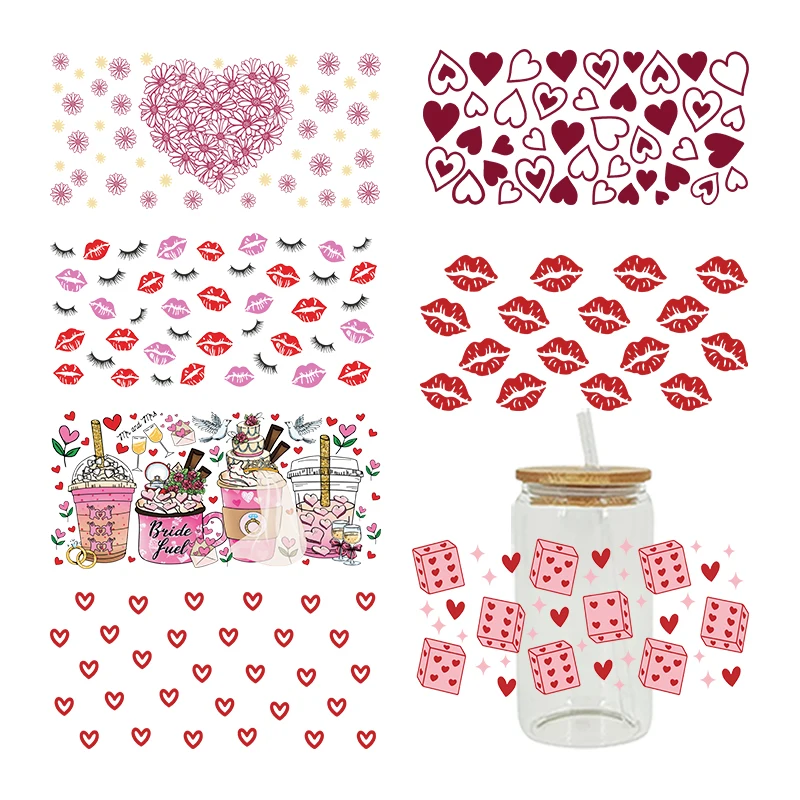 Valentine's Day 3D UV DTF Transfer Stickers Libbey Cup Wrap Iron For Glass 16oz D8543