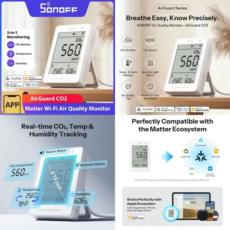For AirGuard SAWF-08P CO2 Matter WiFi Air Quality Sensor Temperature Humidity Meter Sound Light Alarm