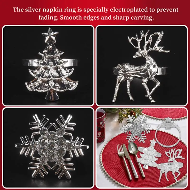 حامل مناديل عيد الميلاد، حلقة منديل شجرة عيد الميلاد على شكل ندفة الثلج من الأيائل لإعداد عشاء عطلة الشتاء وزينة عيد الميلاد