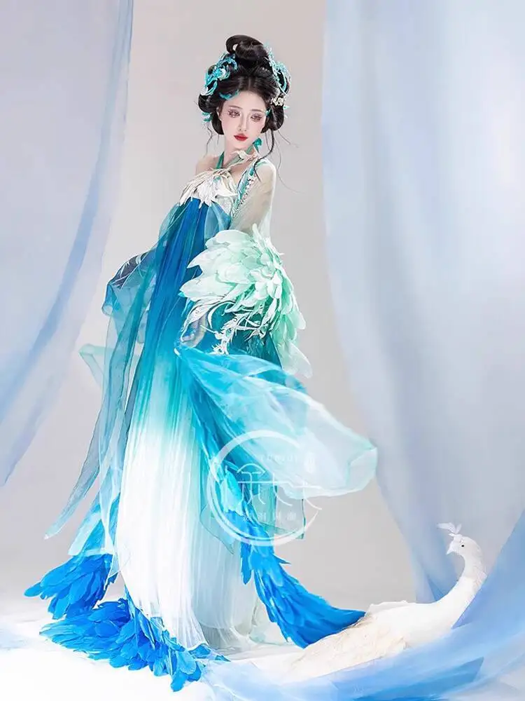 الملونة الطاووس Hanfu للنساء جديد الثقيلة التطريز تشى الصدر رو تنورة Hezi تنورة كبيرة الأكمام قميص سوبر الجنية النمط القديم