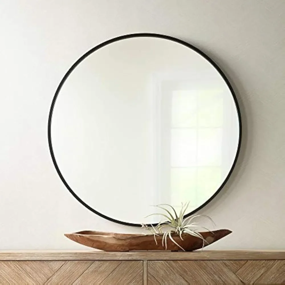 Mayfair Round Vanity Decorative Wall Mirror Modern Matte Black Thin Streamlined Metal Frame 34