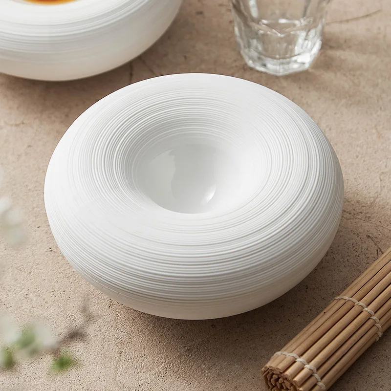 Modern Brushed-line Ceramic Dinner Plates Double-layer Insulated Plates White Porcelain Round Plates Tableware Kitchen Utensils