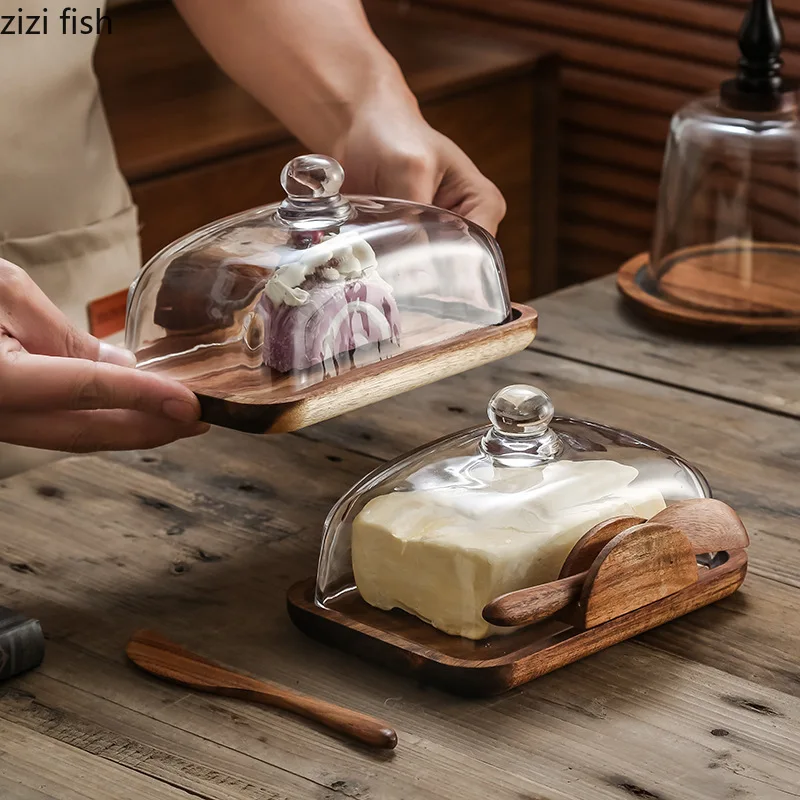 

Wooden Butter Box Glass Cover Cheese Box Crisper Butter Dish Cake Stand Dessert Plate Pastry Plates Dim Sum Dish Butters Plate