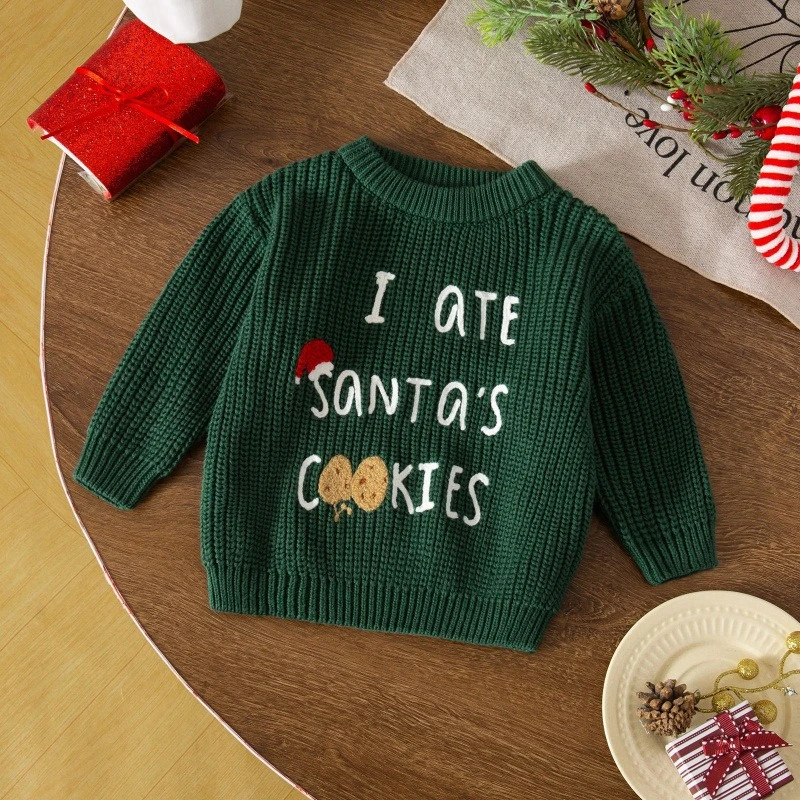 Unisex Baby Christmas Knitted Sweater for Fall & Winter Boys & Girls Cute Letter Embroidery Long Sleeve Crew Neck Pullover
